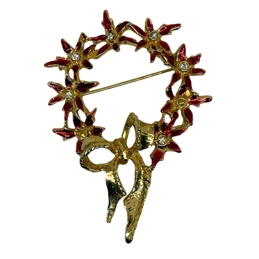 Gold Tone Christmas Wreath Brooch Pin with Rhinestones Vintage